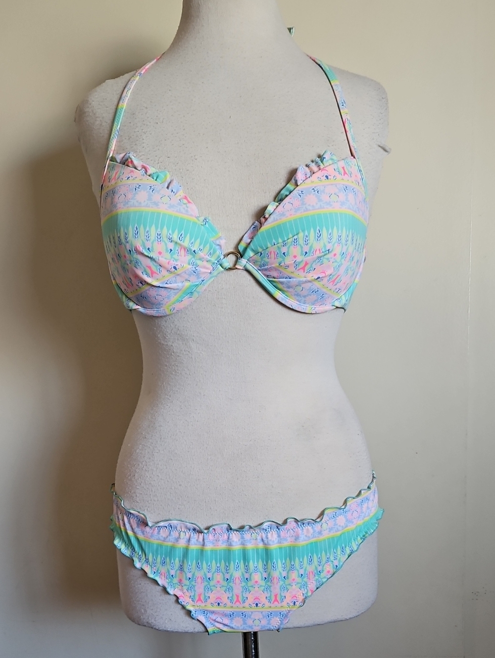 Victoria's Secret Floral Ruffle Bikini Set In Mint & Pink Bra 36C Bottom Large